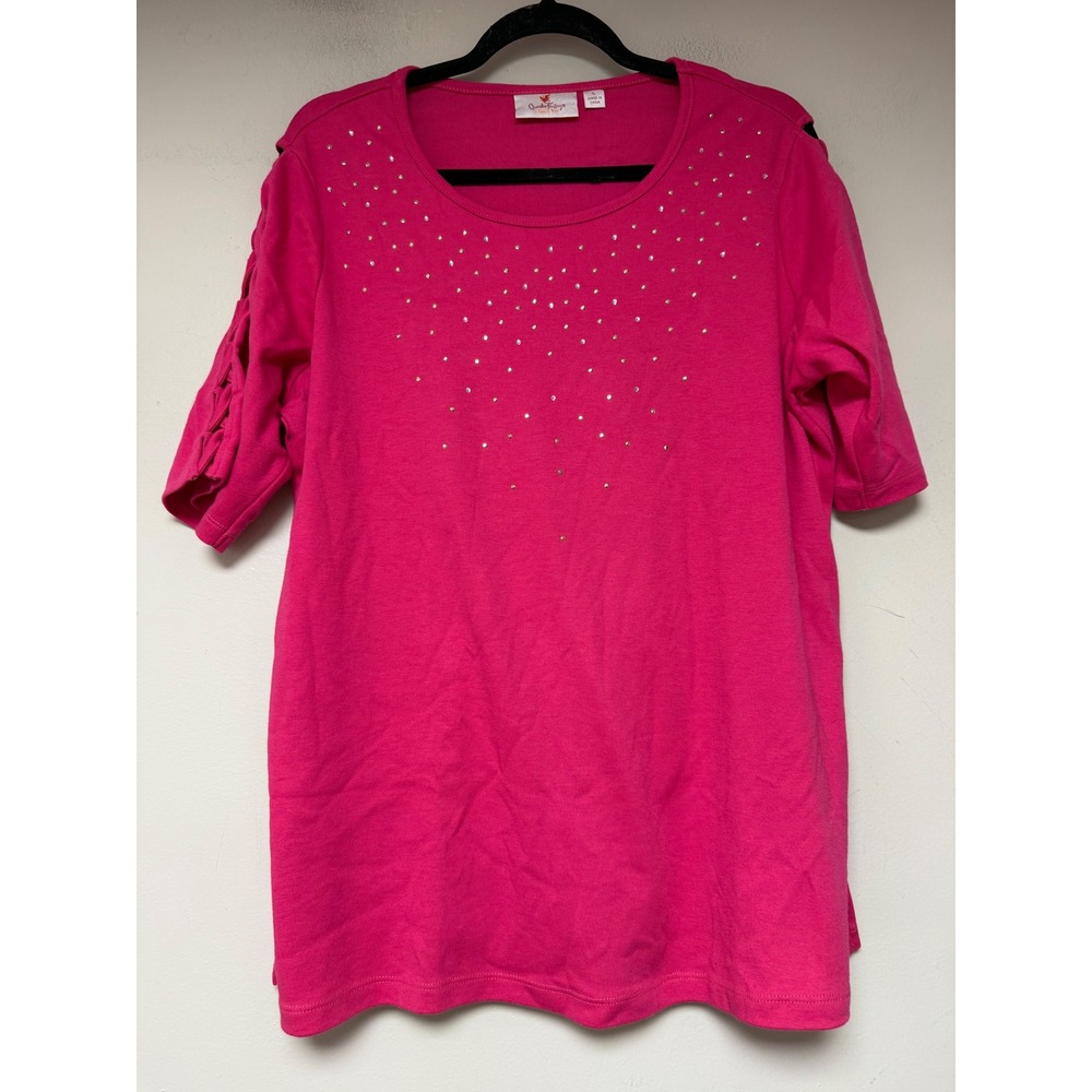 Quacker Factory T-Shirt Womens Large Pink Excellent Rhinestone Lattice Sleeve